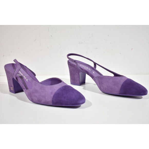Chanel 23S Mademoiselle Coco Sling Purple Suede Slingback Sandal Block Heel 40.5 - Picture 4 of 11